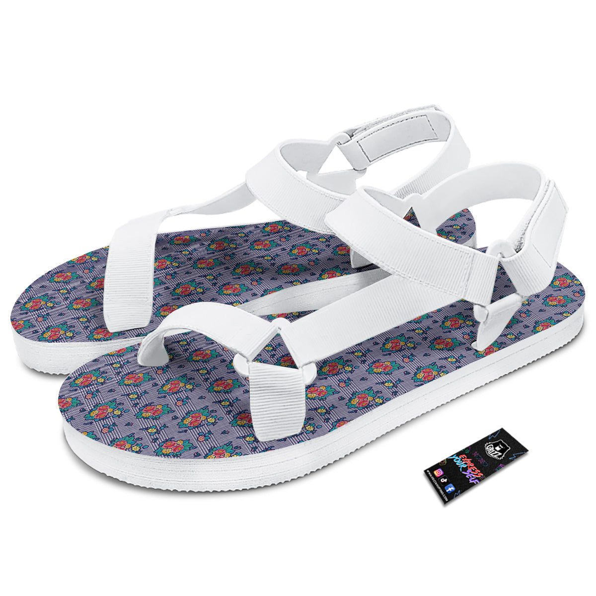 White And Blue Floral Glen Plaid Print White Open Toe Sandals-grizzshop