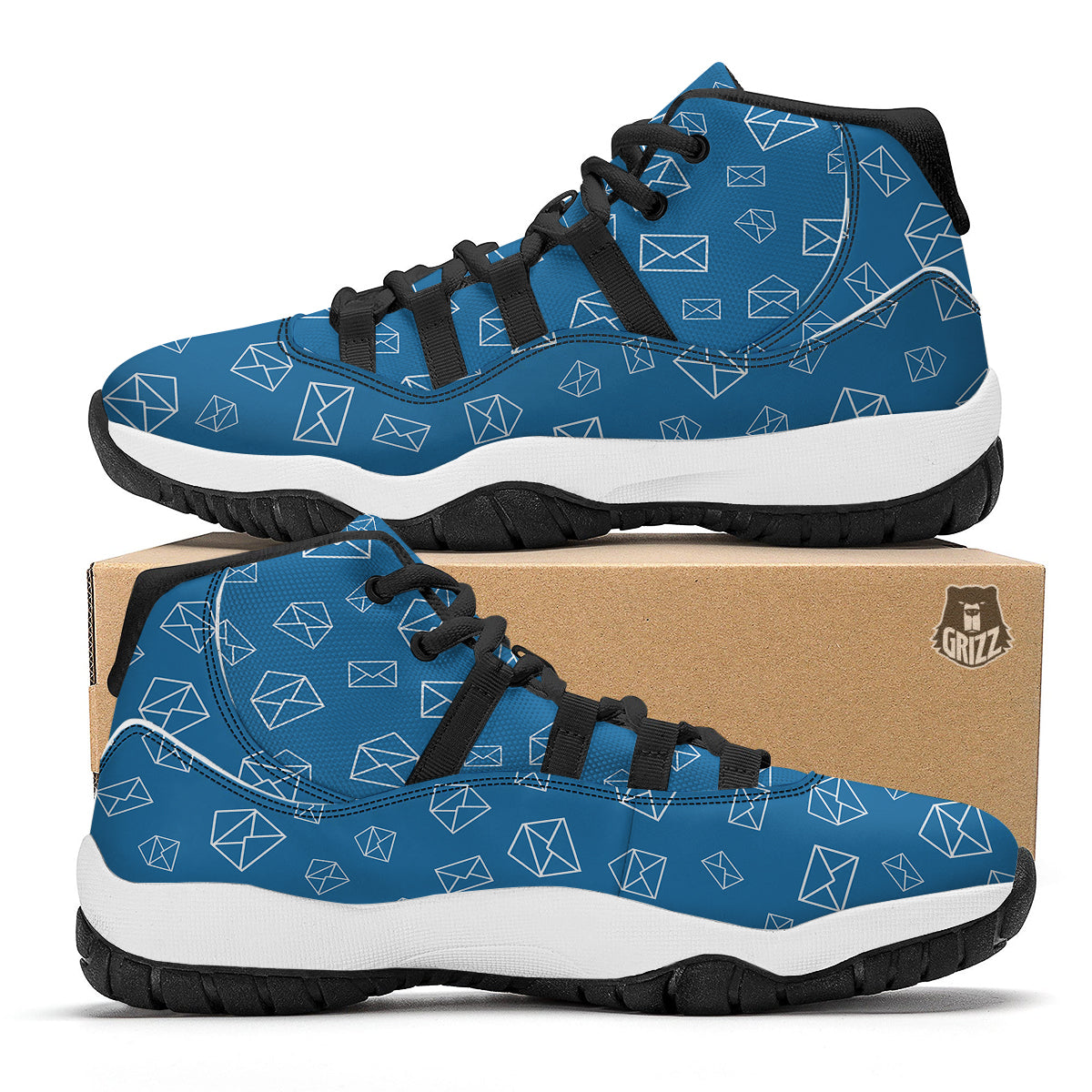 White And Blue Mail Print Pattern Black Bball Shoes-grizzshop