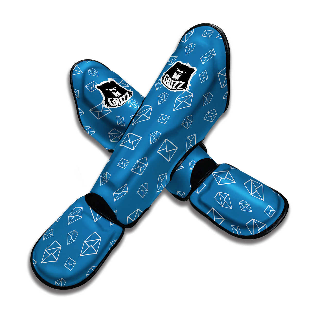 White And Blue Mail Print Pattern Muay Thai Shin Guards-grizzshop