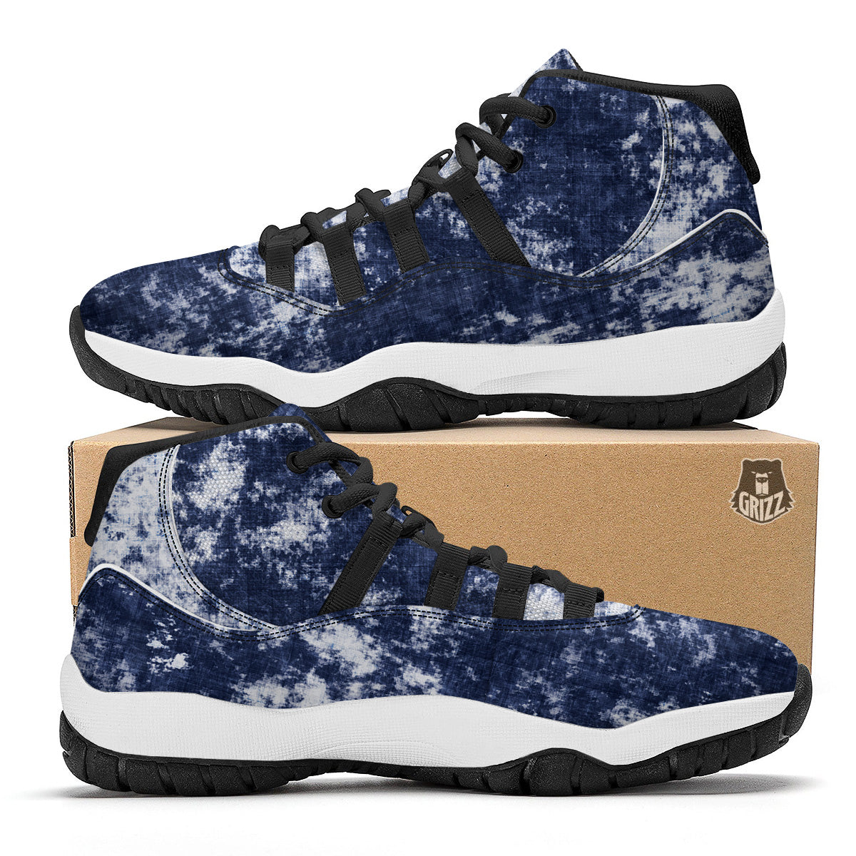 White And Blue Tie Dye Acid Wash Print Black Bball Shoes-grizzshop