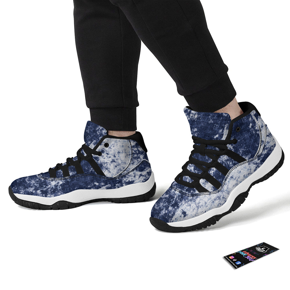 White And Blue Tie Dye Acid Wash Print Black Bball Shoes-grizzshop