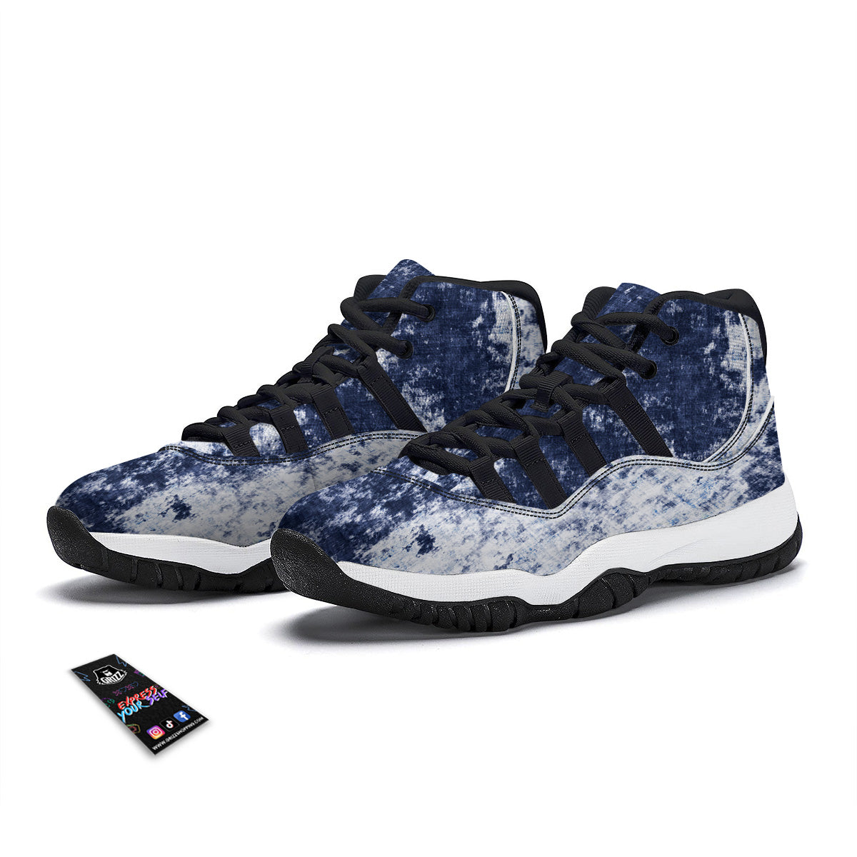 White And Blue Tie Dye Acid Wash Print Black Bball Shoes-grizzshop