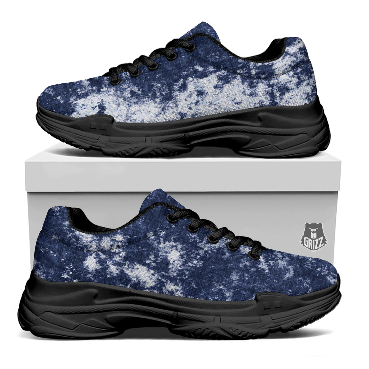 White And Blue Tie Dye Acid Wash Print Black Chunky Shoes-grizzshop