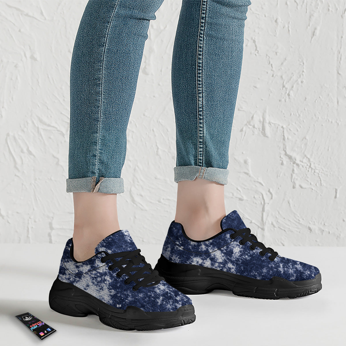 White And Blue Tie Dye Acid Wash Print Black Chunky Shoes-grizzshop