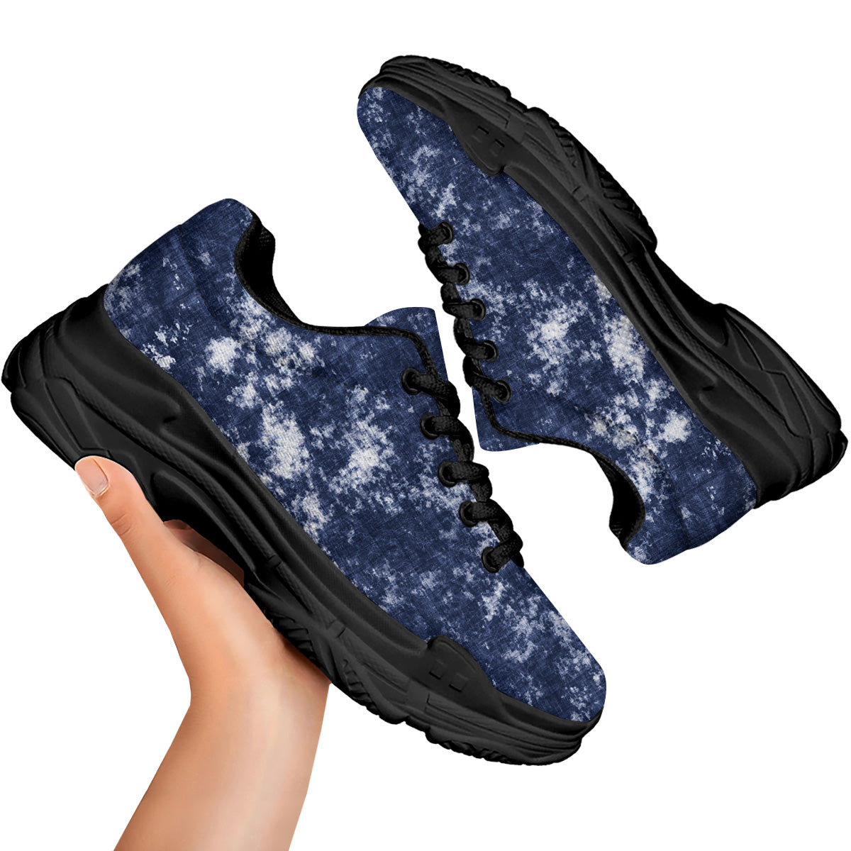 White And Blue Tie Dye Acid Wash Print Black Chunky Shoes-grizzshop