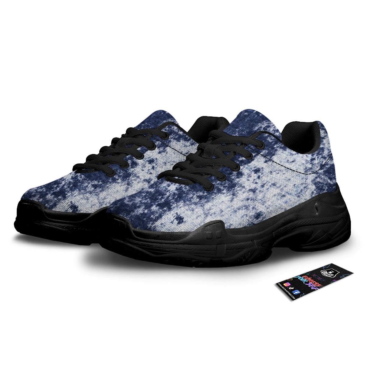 White And Blue Tie Dye Acid Wash Print Black Chunky Shoes-grizzshop
