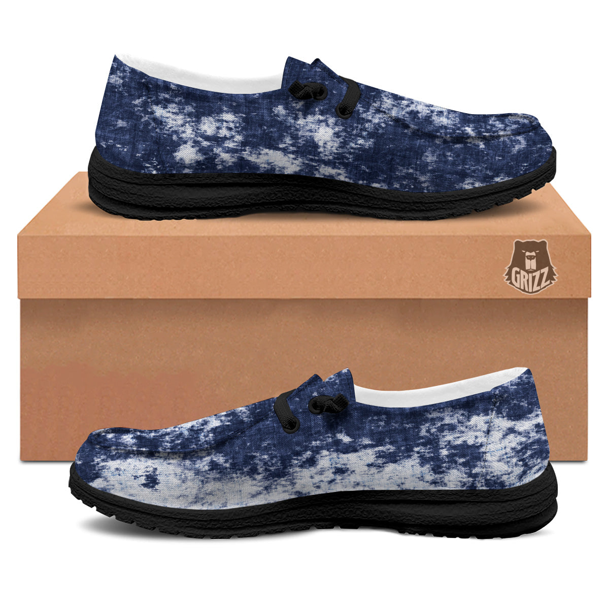 White And Blue Tie Dye Acid Wash Print Black Loafers-grizzshop