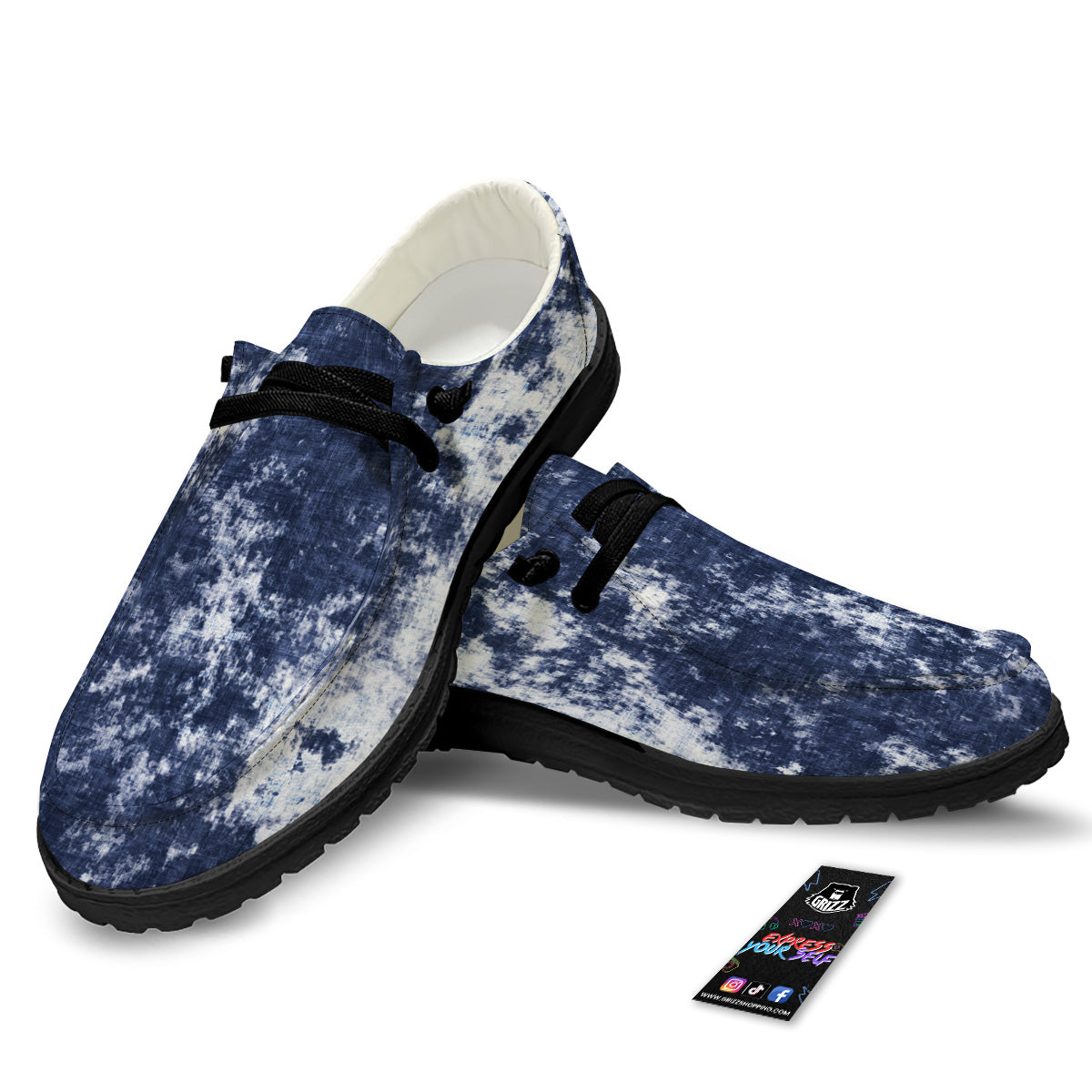 White And Blue Tie Dye Acid Wash Print Black Loafers-grizzshop