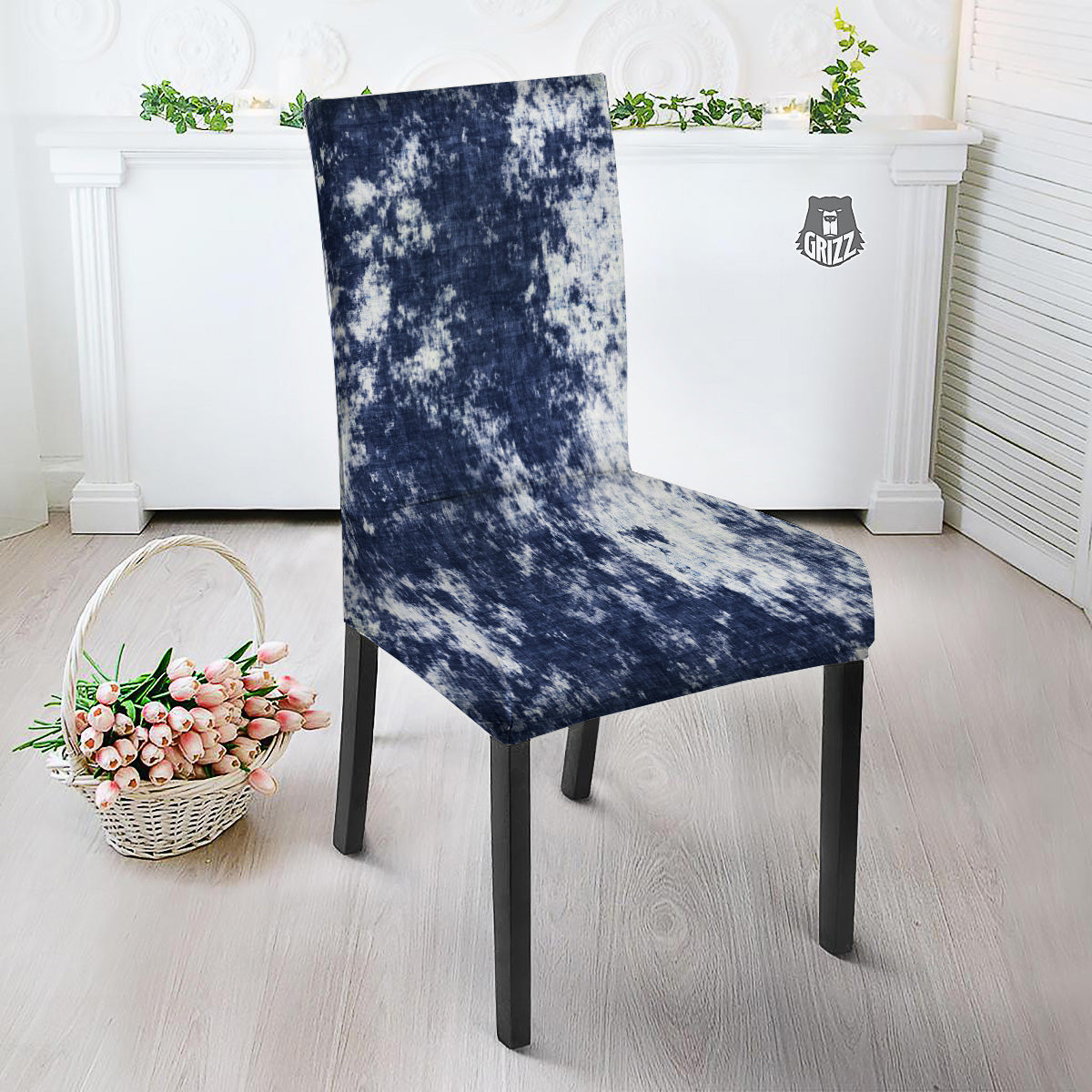 White And Blue Tie Dye Acid Wash Print Dining Chair Slipcover-grizzshop