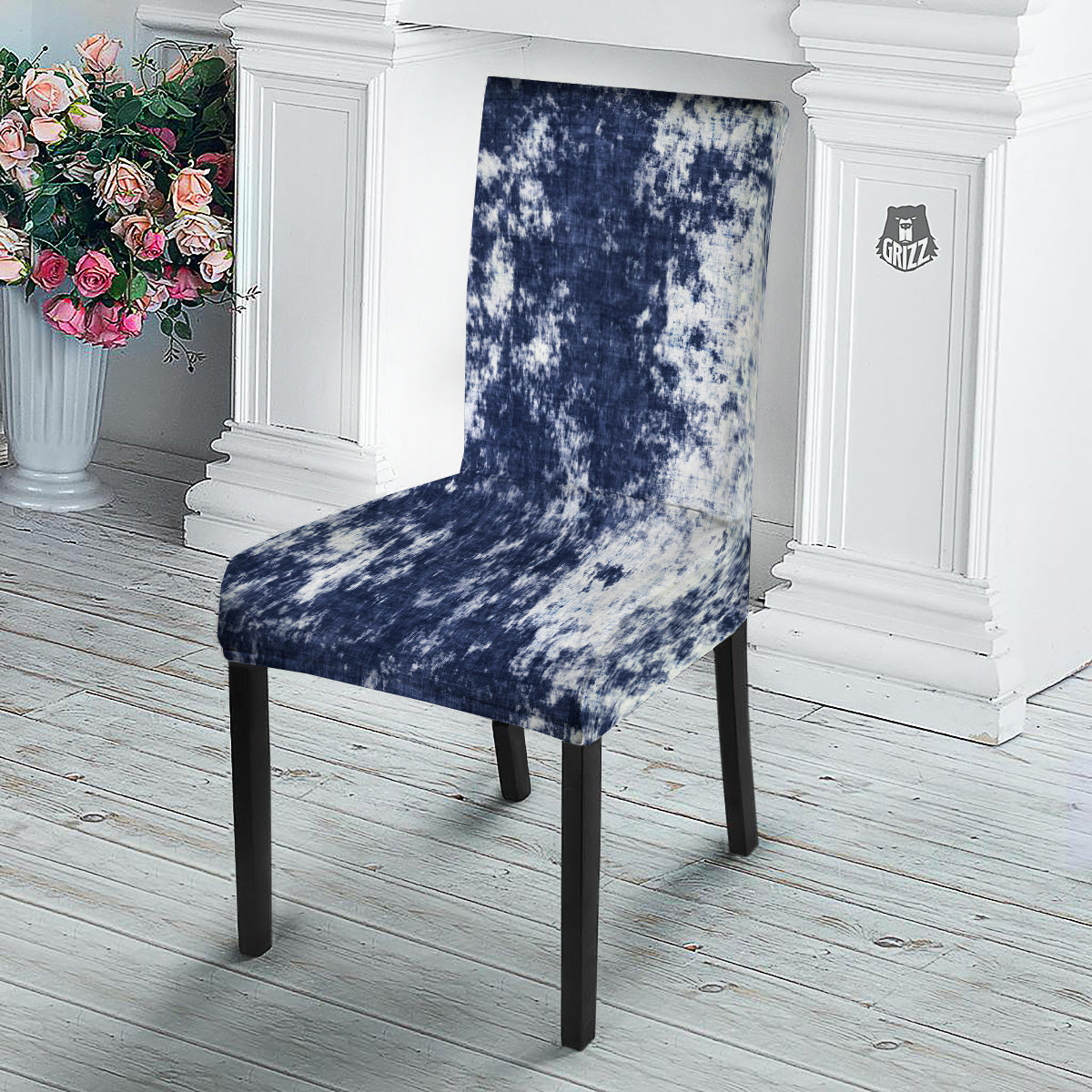 White And Blue Tie Dye Acid Wash Print Dining Chair Slipcover-grizzshop
