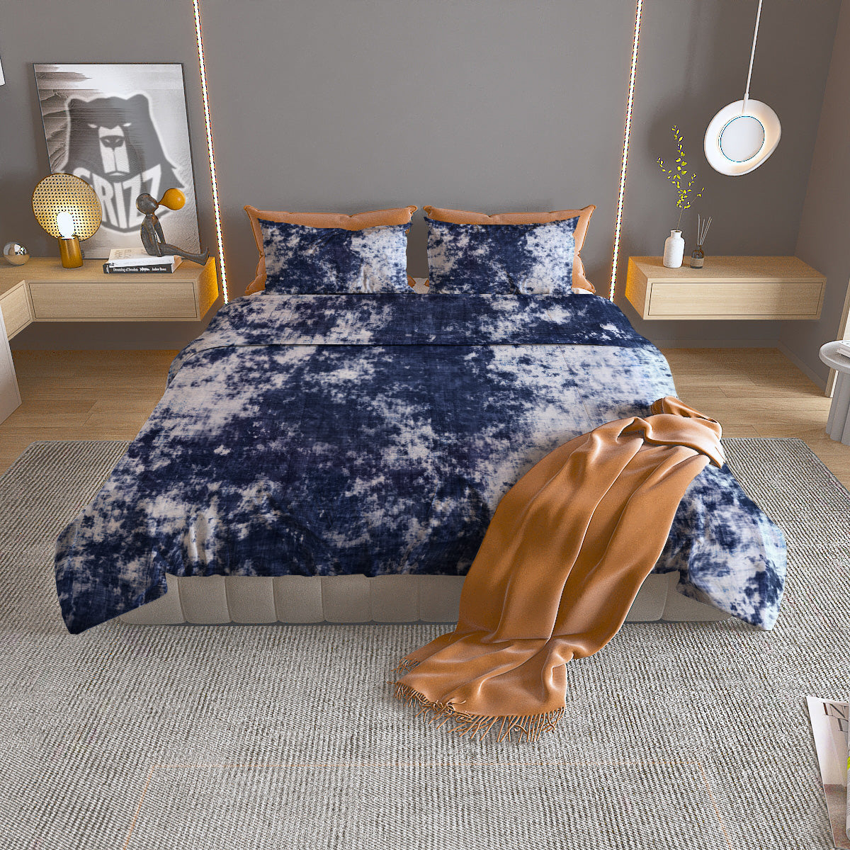 White And Blue Tie Dye Acid Wash Print Duvet Cover Bedding Set