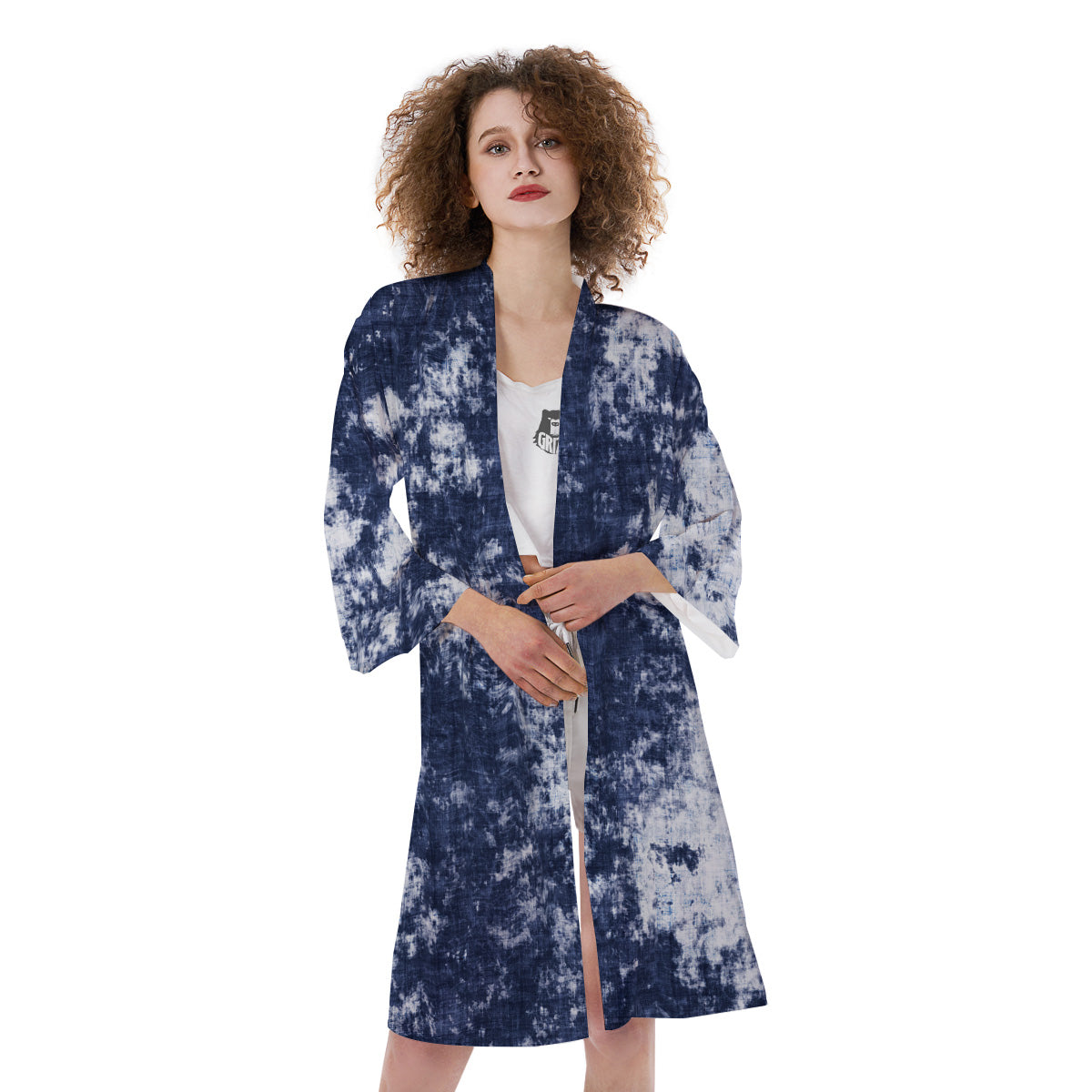 White And Blue Tie Dye Acid Wash Print Kimono-grizzshop