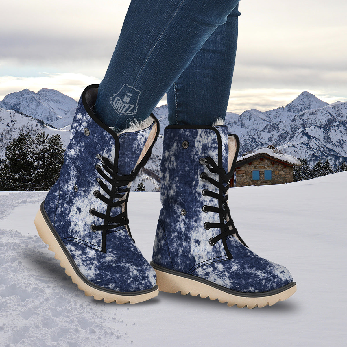 White And Blue Tie Dye Acid Wash Print Snow Boots-grizzshop