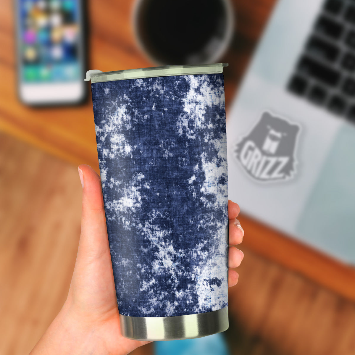 White And Blue Tie Dye Acid Wash Print Tumbler-grizzshop