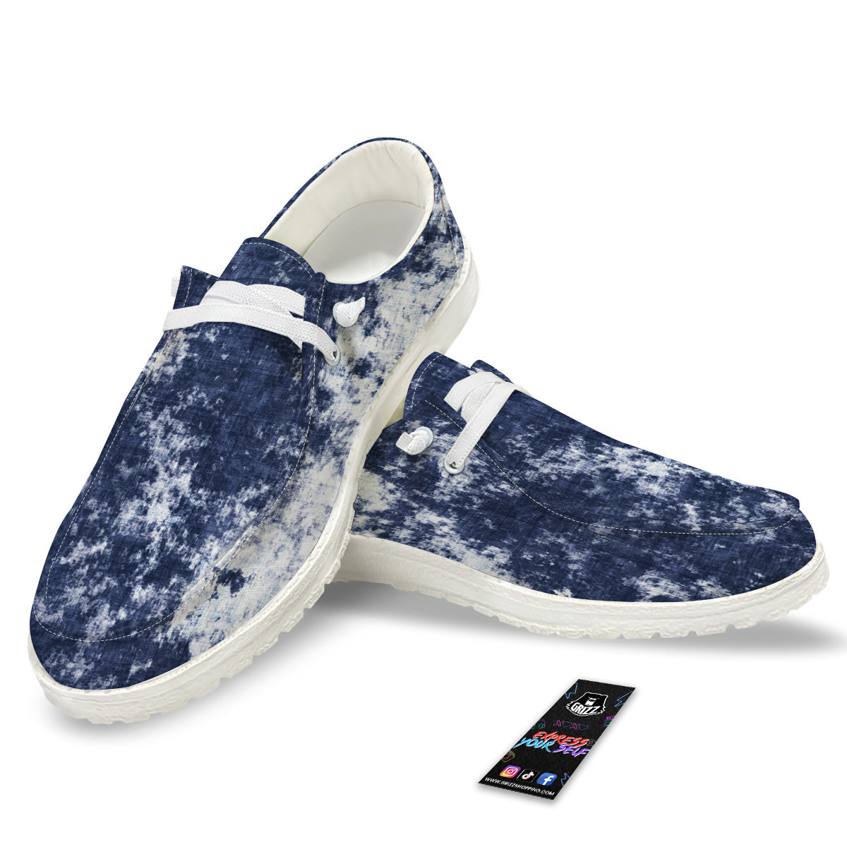 White And Blue Tie Dye Acid Wash Print White Loafers-grizzshop