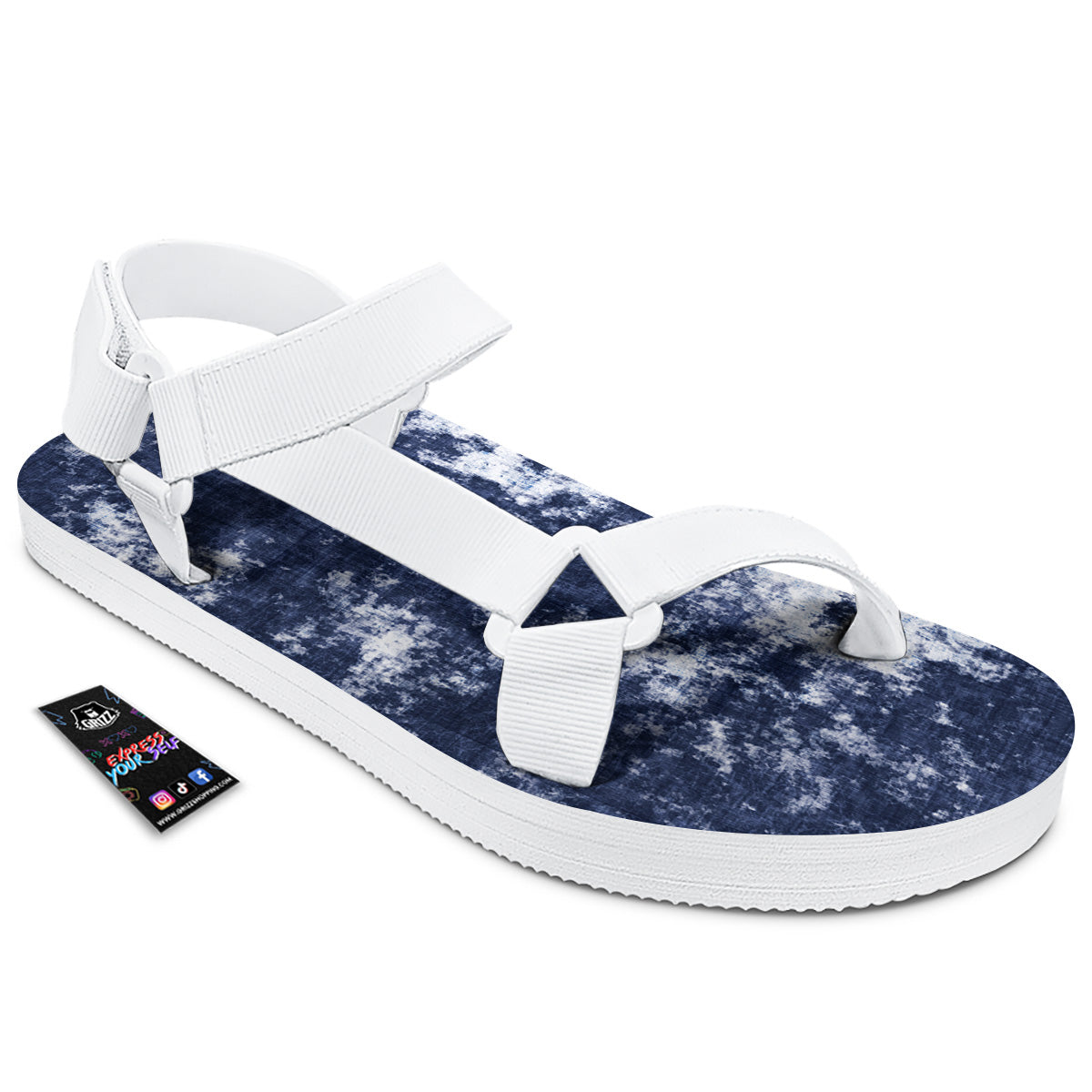 White And Blue Tie Dye Acid Wash Print White Open Toe Sandals-grizzshop