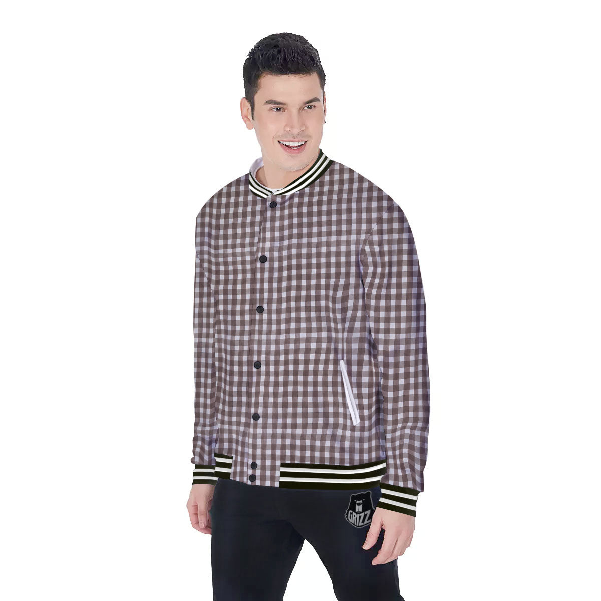 White And Brown Doodle Check Print Pattern Baseball Jacket-grizzshop