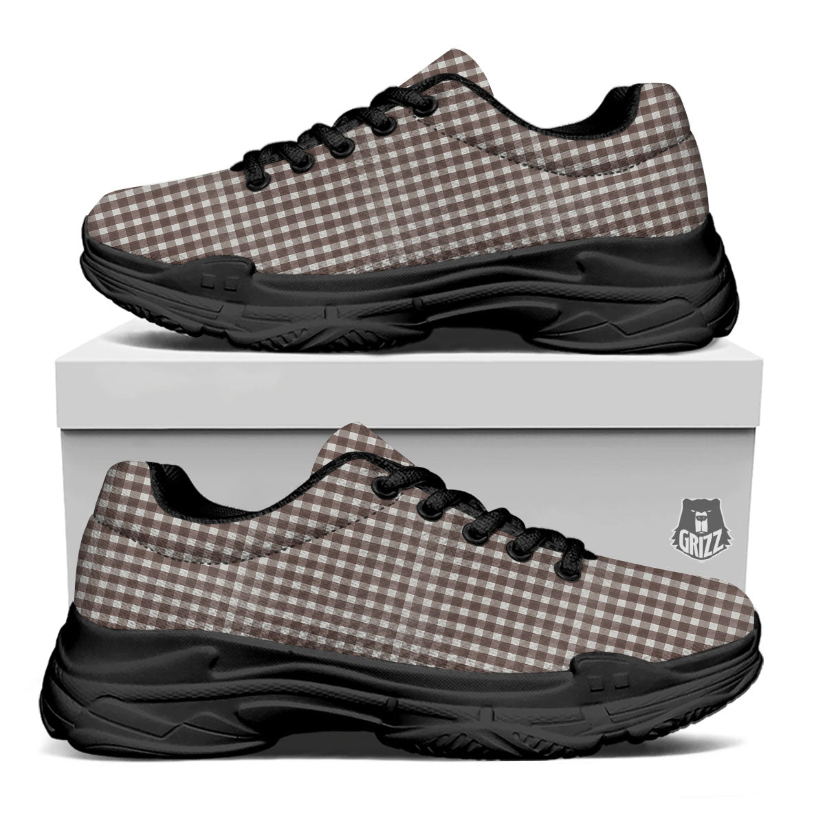 White And Brown Doodle Check Print Pattern Black Chunky Shoes-grizzshop