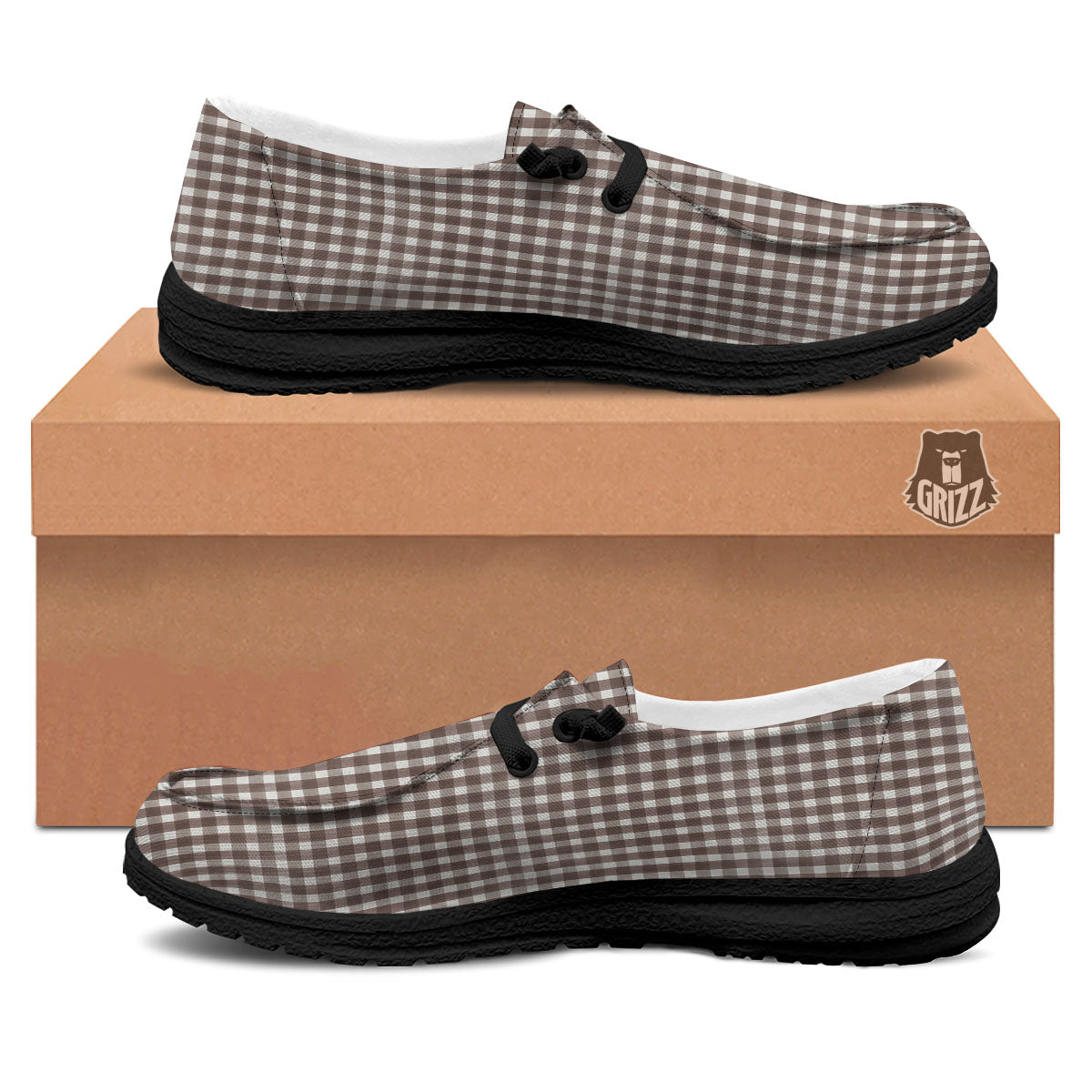 White And Brown Doodle Check Print Pattern Black Loafers-grizzshop