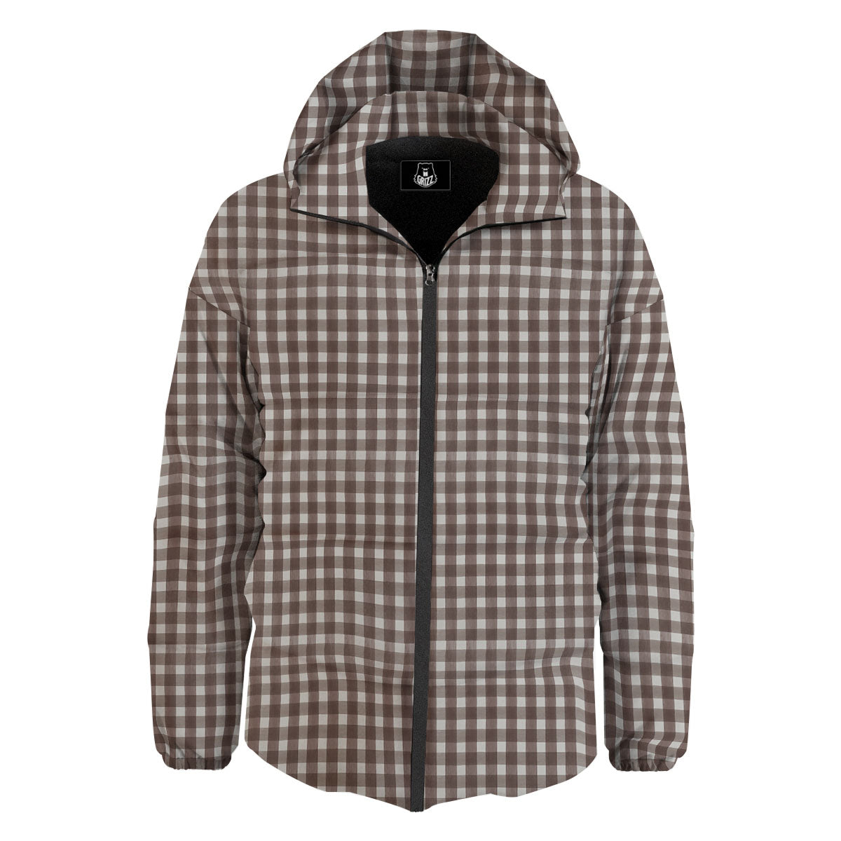 White And Brown Doodle Check Print Pattern Down Jacket-grizzshop