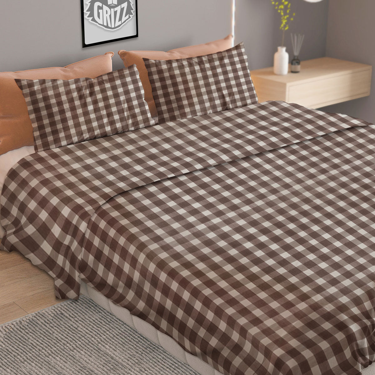 White And Brown Doodle Check Print Pattern Duvet Cover Bedding Set
