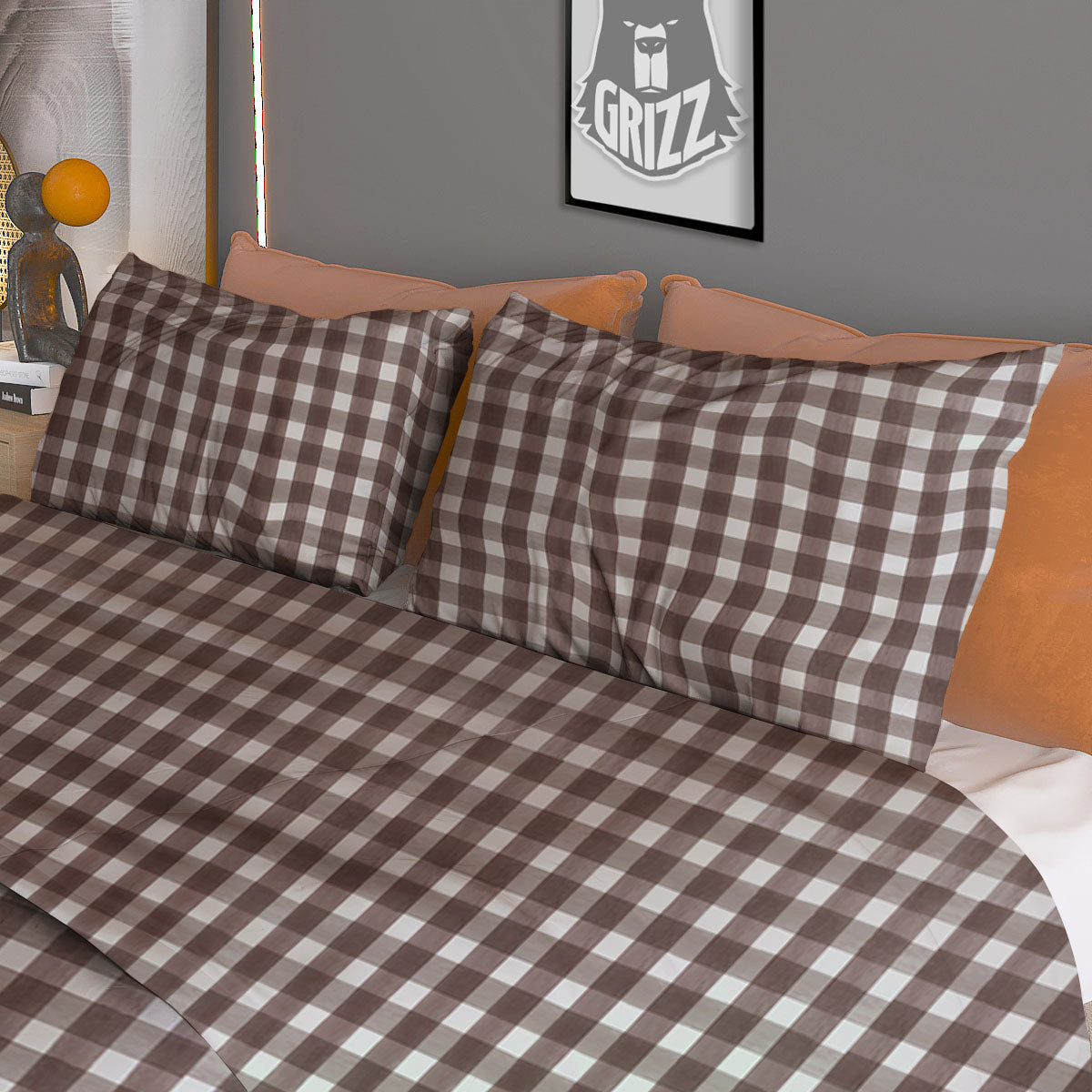 White And Brown Doodle Check Print Pattern Duvet Cover Bedding Set