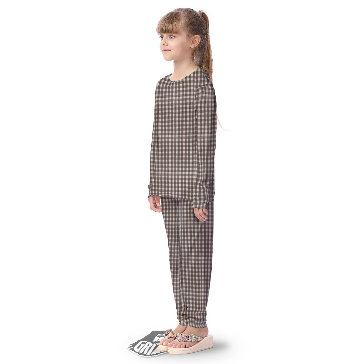 White And Brown Doodle Check Print Pattern Kid's Pajamas-grizzshop