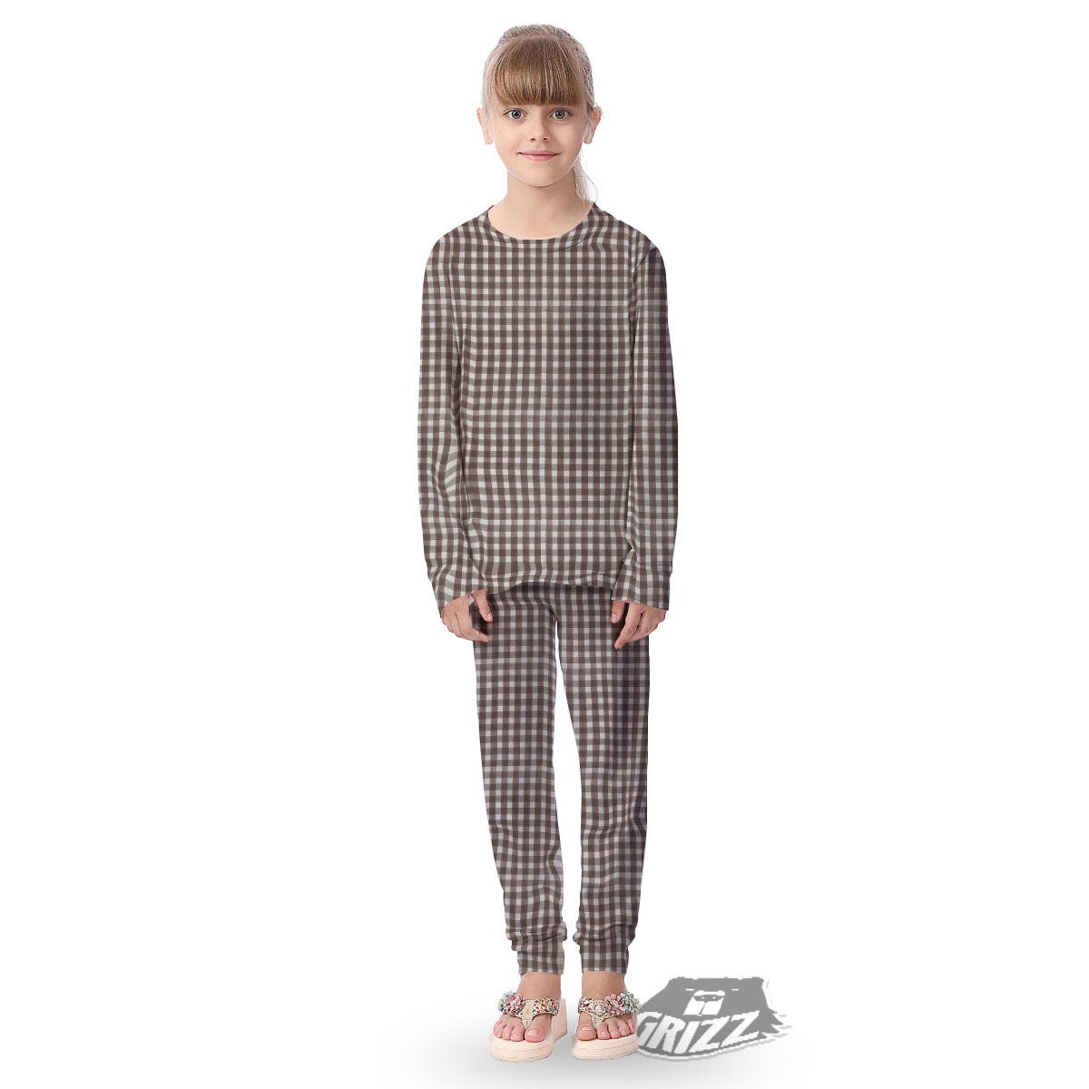 White And Brown Doodle Check Print Pattern Kid's Pajamas-grizzshop
