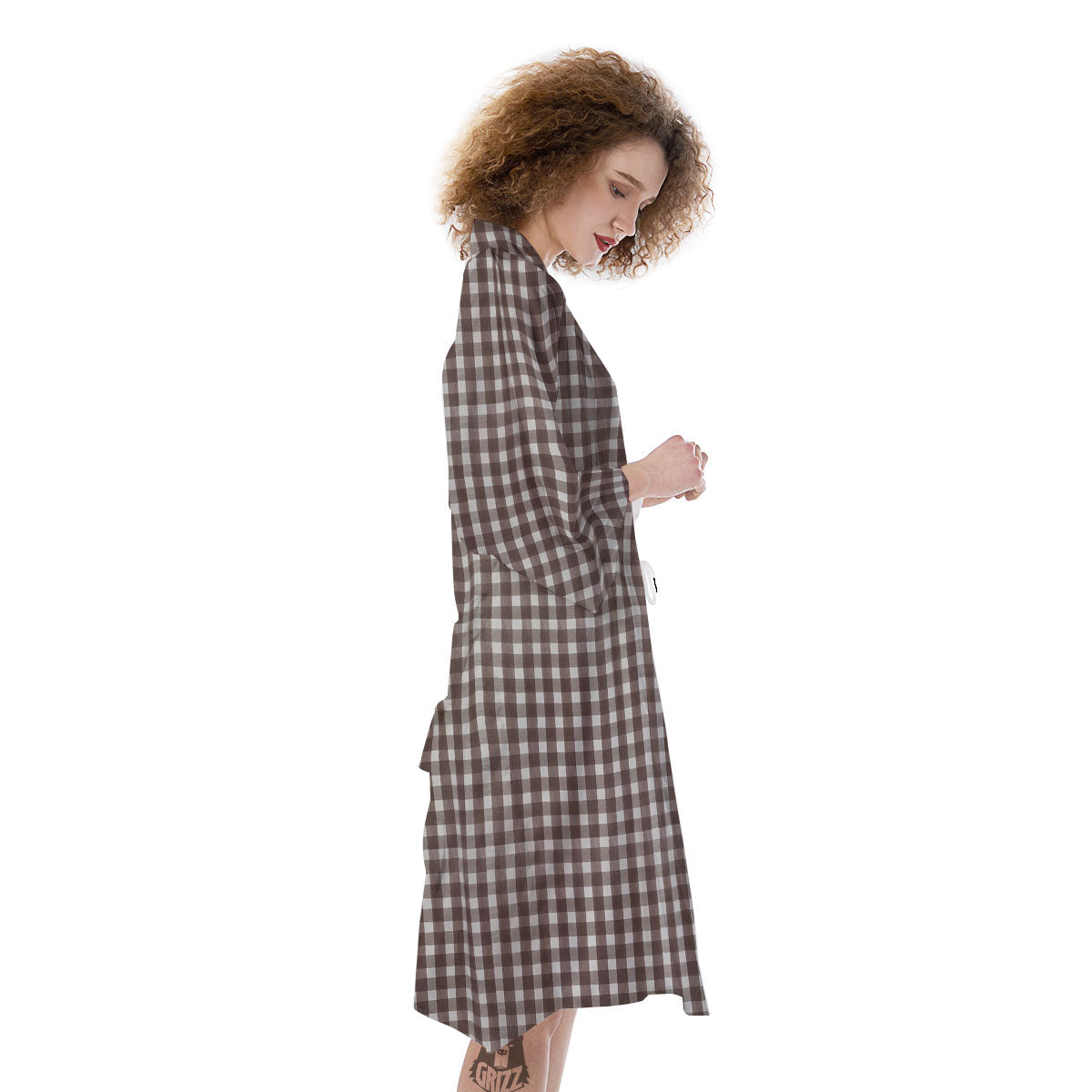 White And Brown Doodle Check Print Pattern Kimono-grizzshop