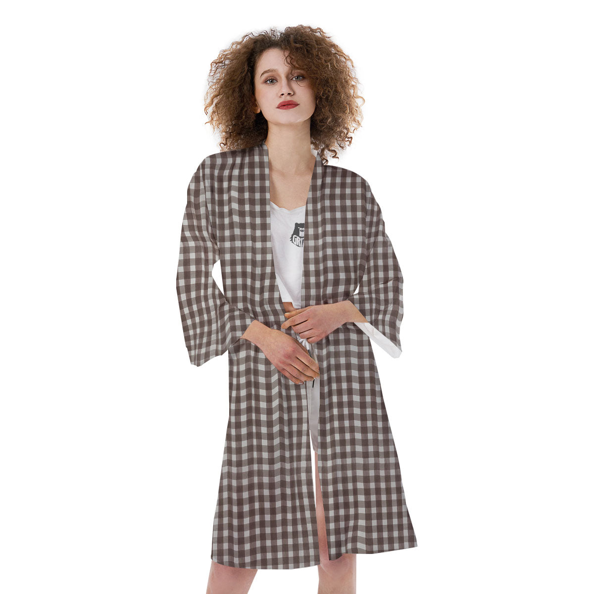 White And Brown Doodle Check Print Pattern Kimono-grizzshop