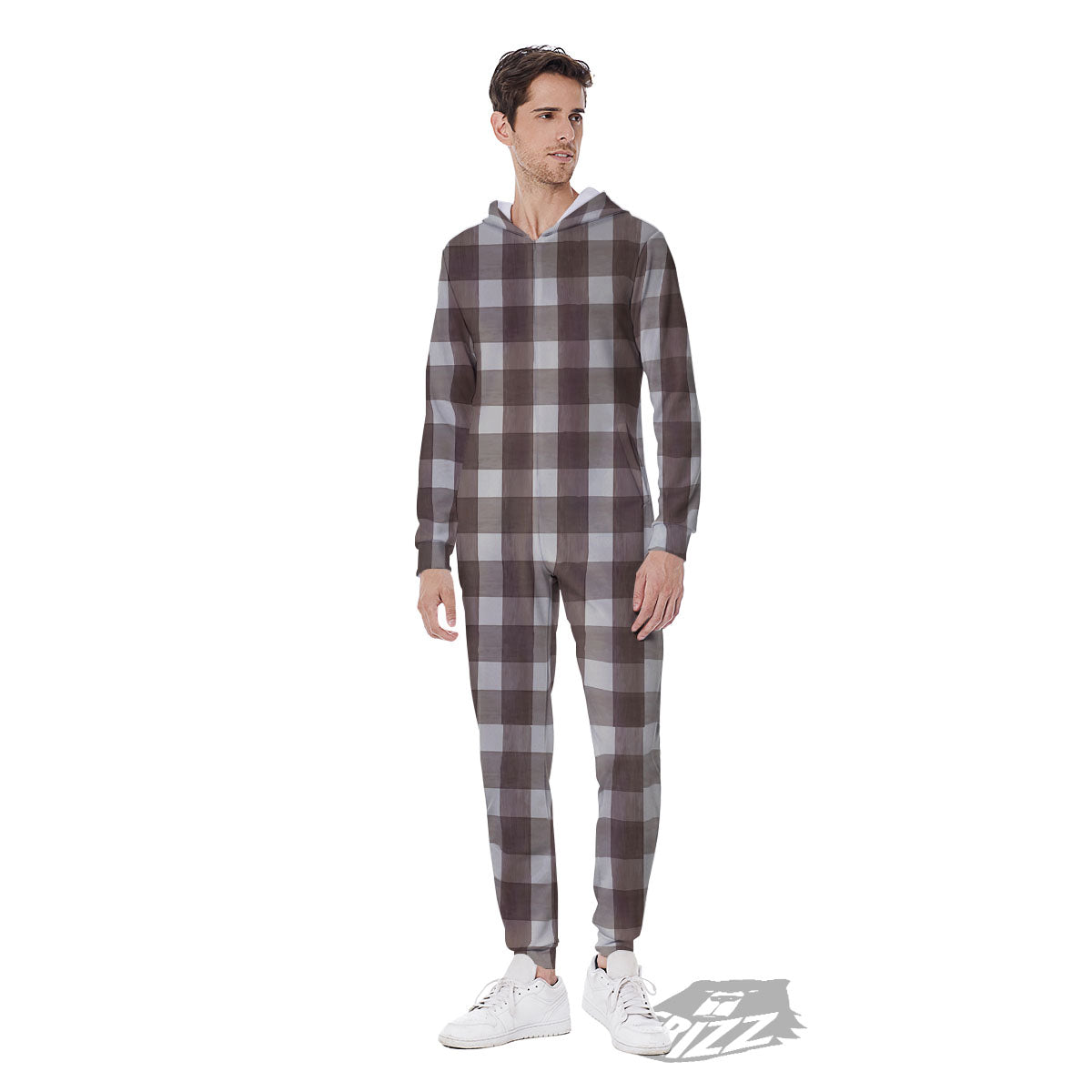White And Brown Doodle Check Print Pattern Men's Jumpsuit-grizzshop