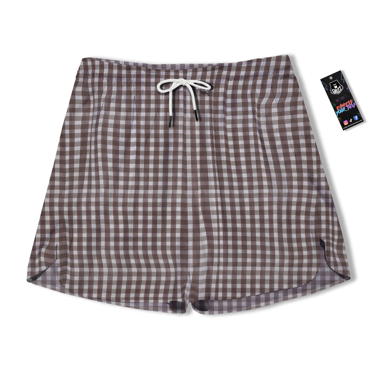 White And Brown Doodle Check Print Pattern Men's Running Shorts-grizzshop