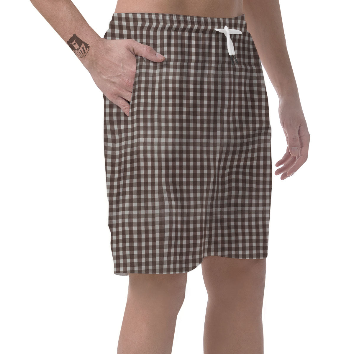 White And Brown Doodle Check Print Pattern Men's Shorts-grizzshop