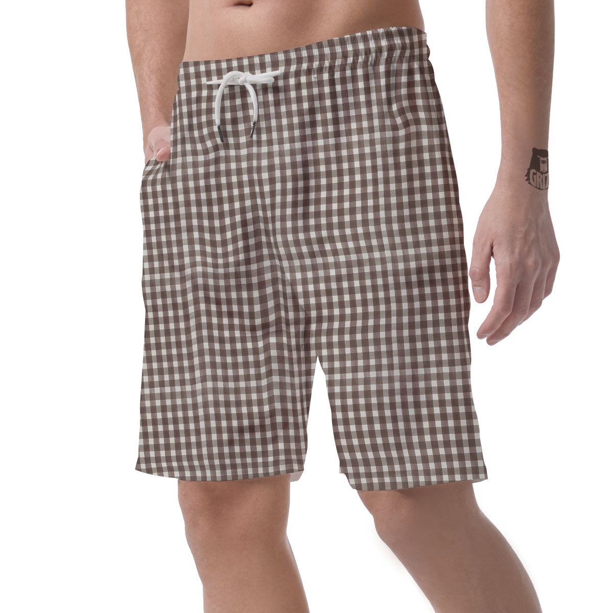 White And Brown Doodle Check Print Pattern Men's Shorts-grizzshop