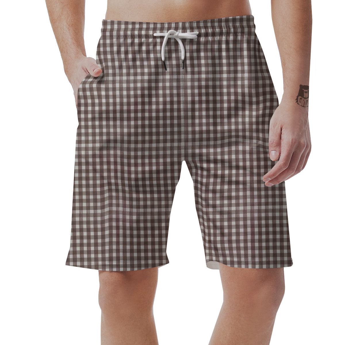 White And Brown Doodle Check Print Pattern Men's Shorts-grizzshop