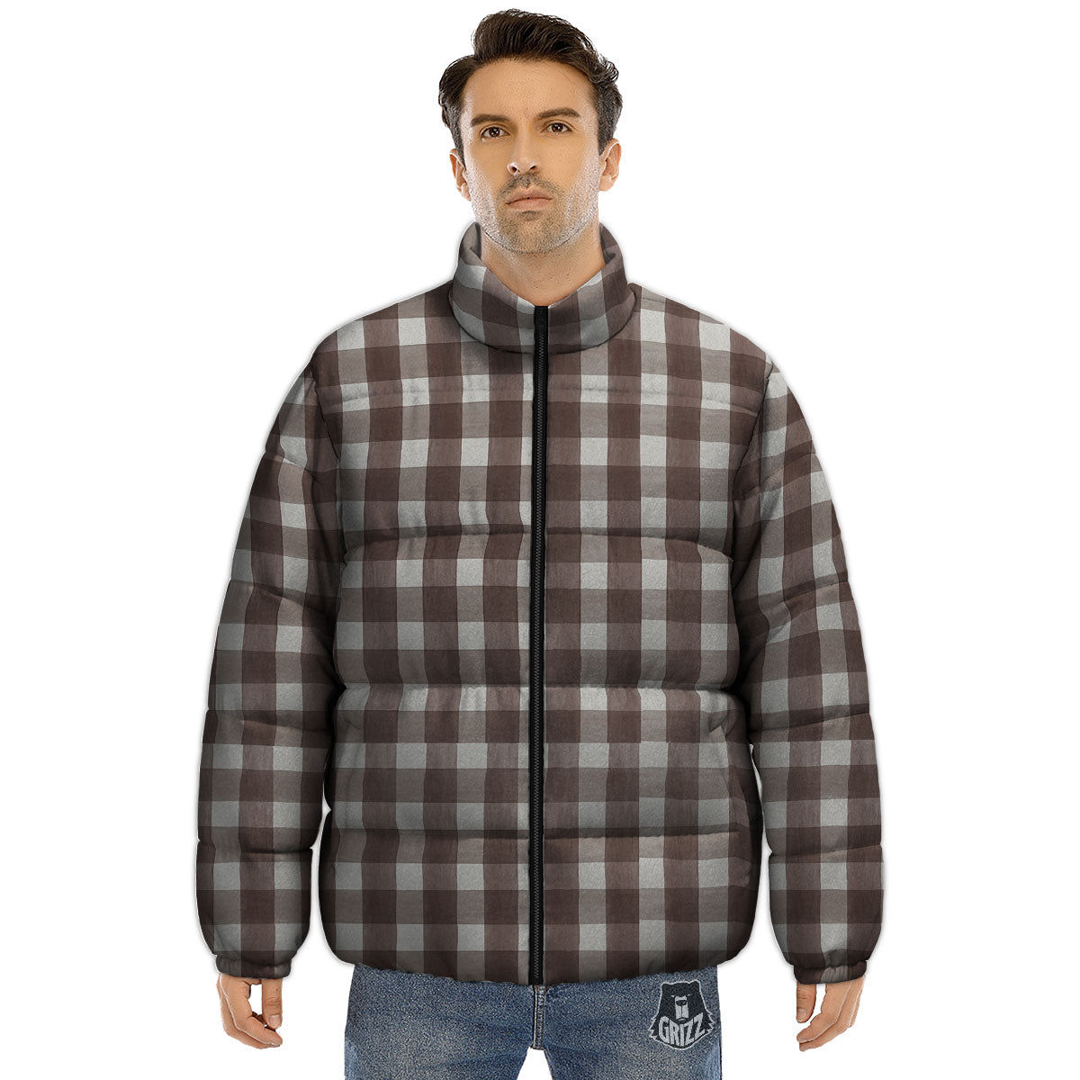 White And Brown Doodle Check Print Pattern Puffer Jacket-grizzshop