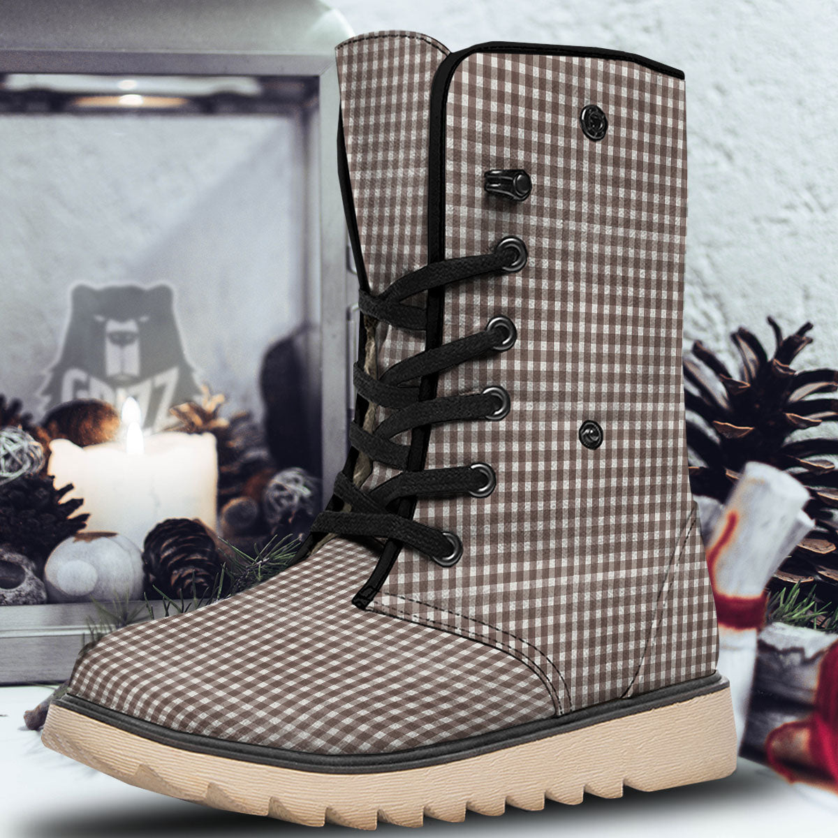 White And Brown Doodle Check Print Pattern Snow Boots-grizzshop