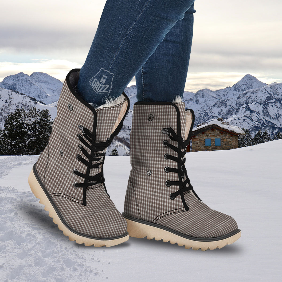 White And Brown Doodle Check Print Pattern Snow Boots-grizzshop