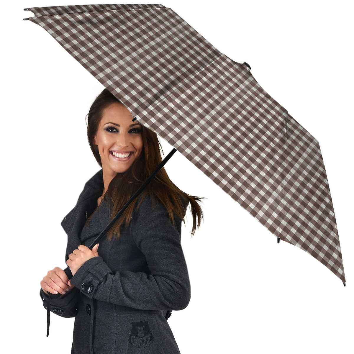White And Brown Doodle Check Print Pattern Umbrella-grizzshop