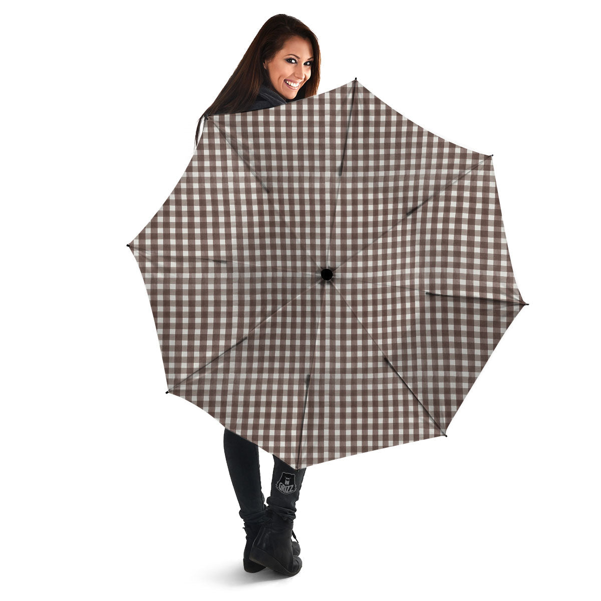 White And Brown Doodle Check Print Pattern Umbrella-grizzshop