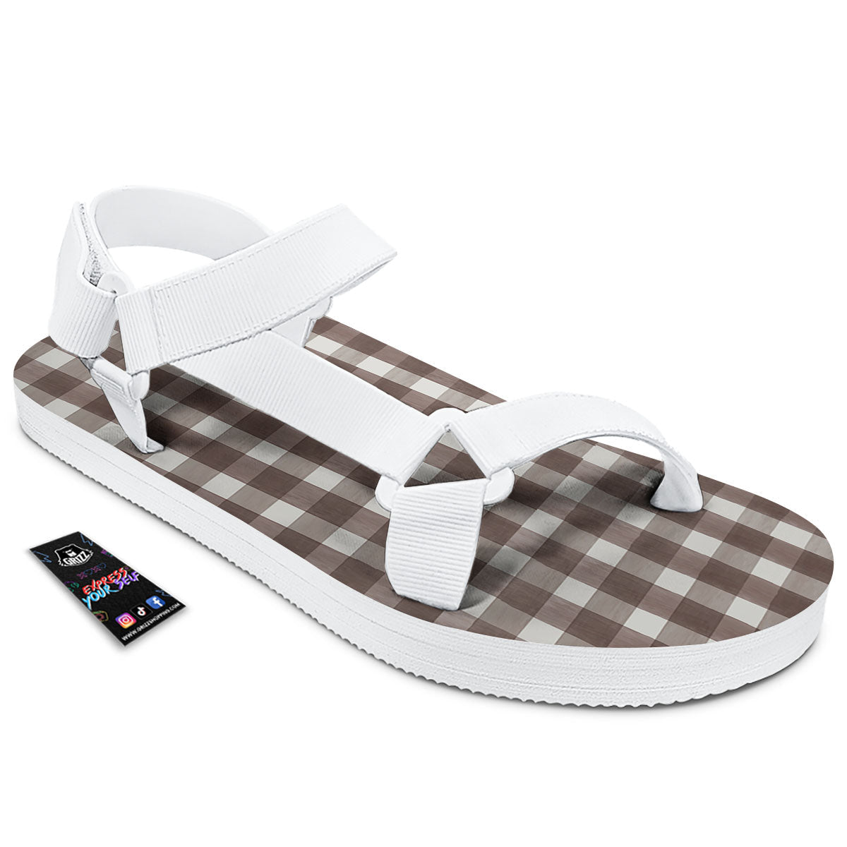 White And Brown Doodle Check Print Pattern White Open Toe Sandals-grizzshop