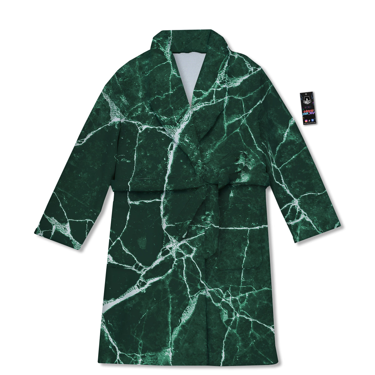 White And Dark Green Marble Texture Print Bathrobe-grizzshop