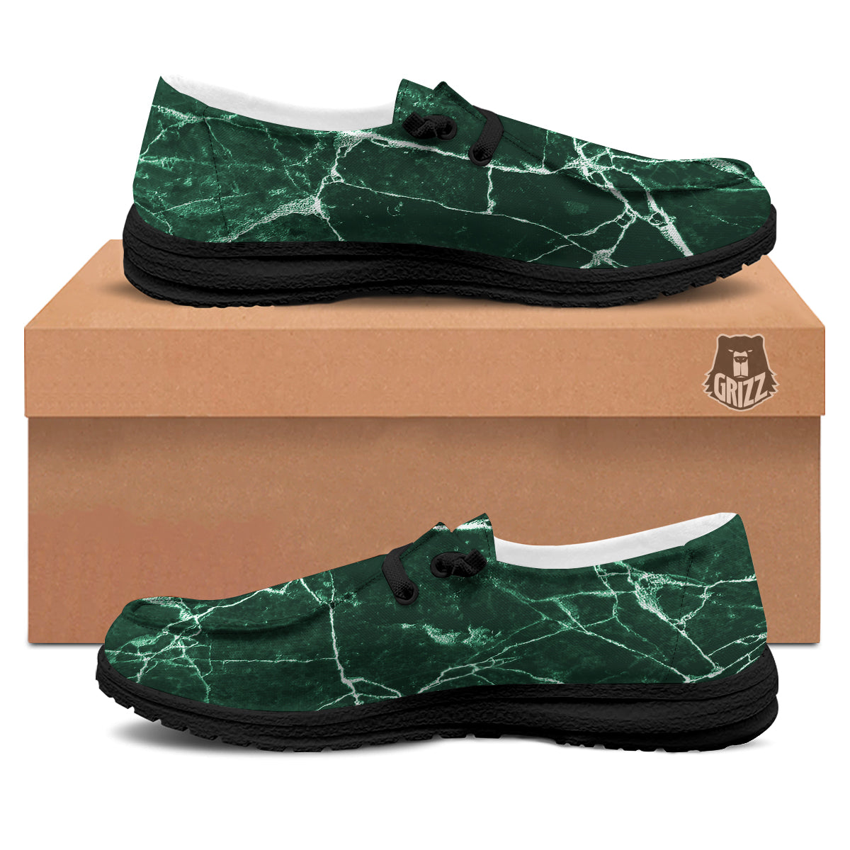White And Dark Green Marble Texture Print Black Loafers-grizzshop