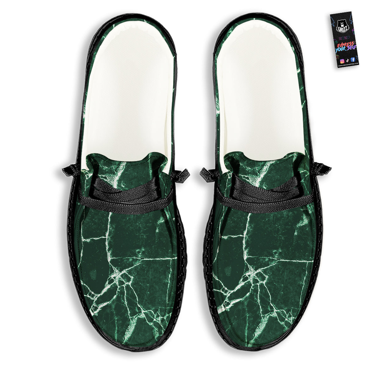 White And Dark Green Marble Texture Print Black Loafers-grizzshop