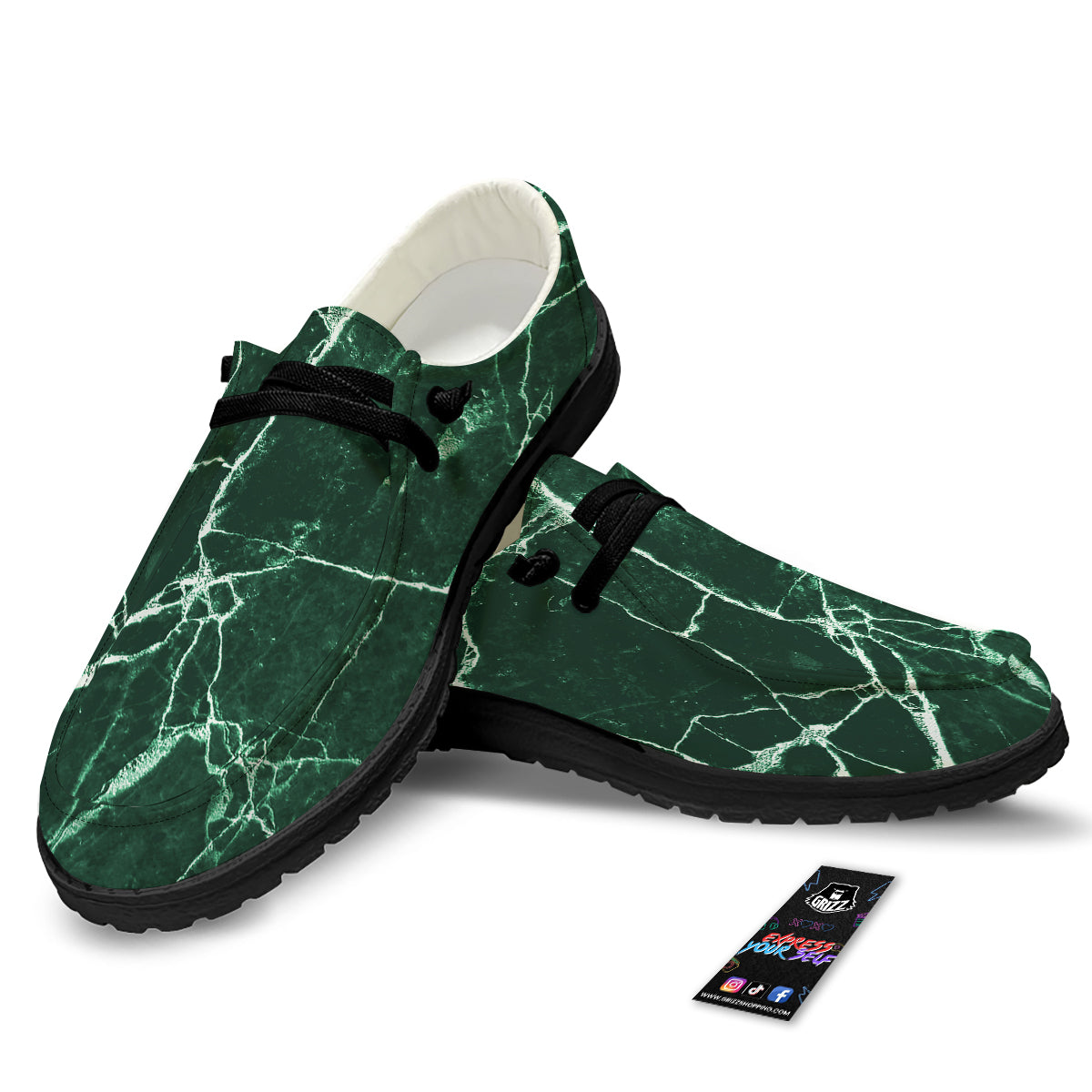 White And Dark Green Marble Texture Print Black Loafers-grizzshop