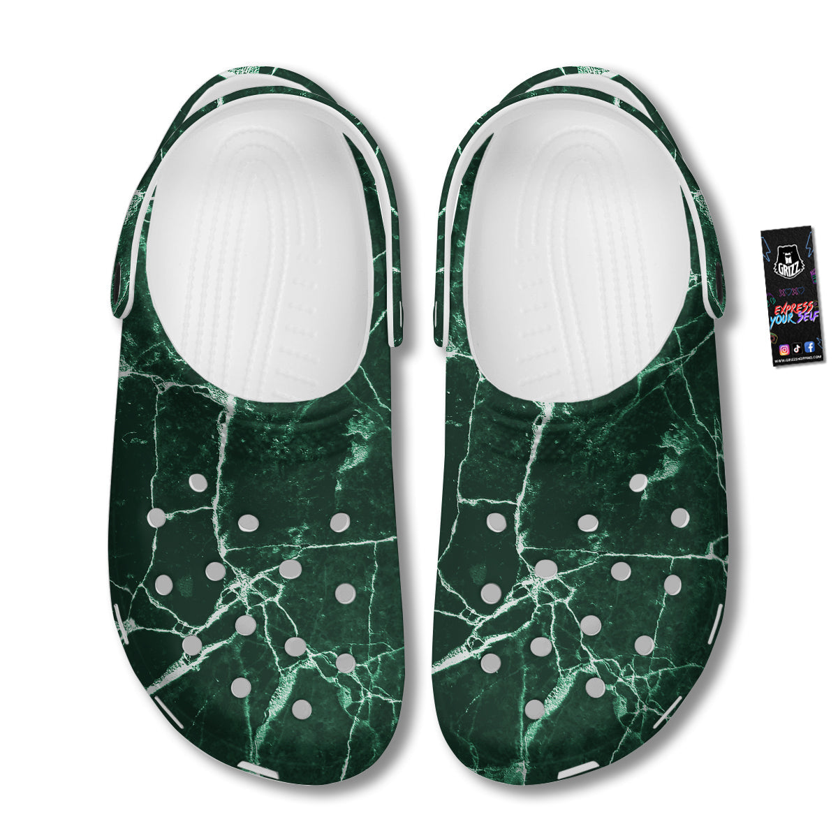 White And Dark Green Marble Texture Print Clog-grizzshop