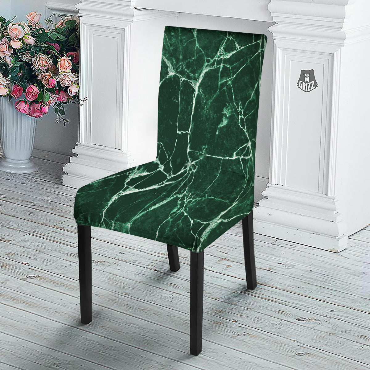 White And Dark Green Marble Texture Print Dining Chair Slipcover-grizzshop