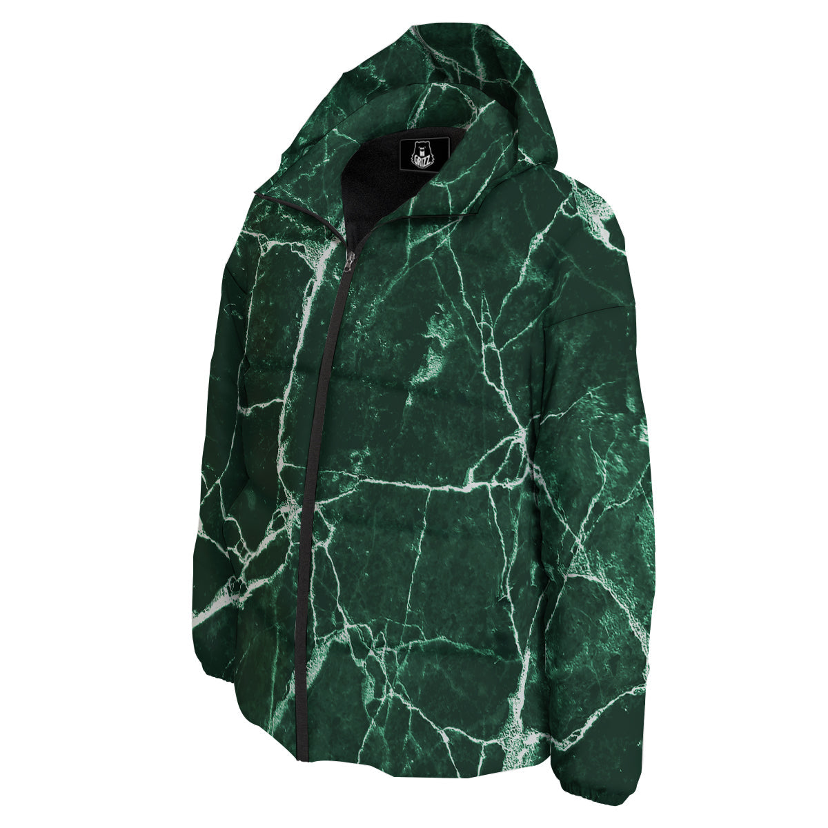 White And Dark Green Marble Texture Print Down Jacket-grizzshop