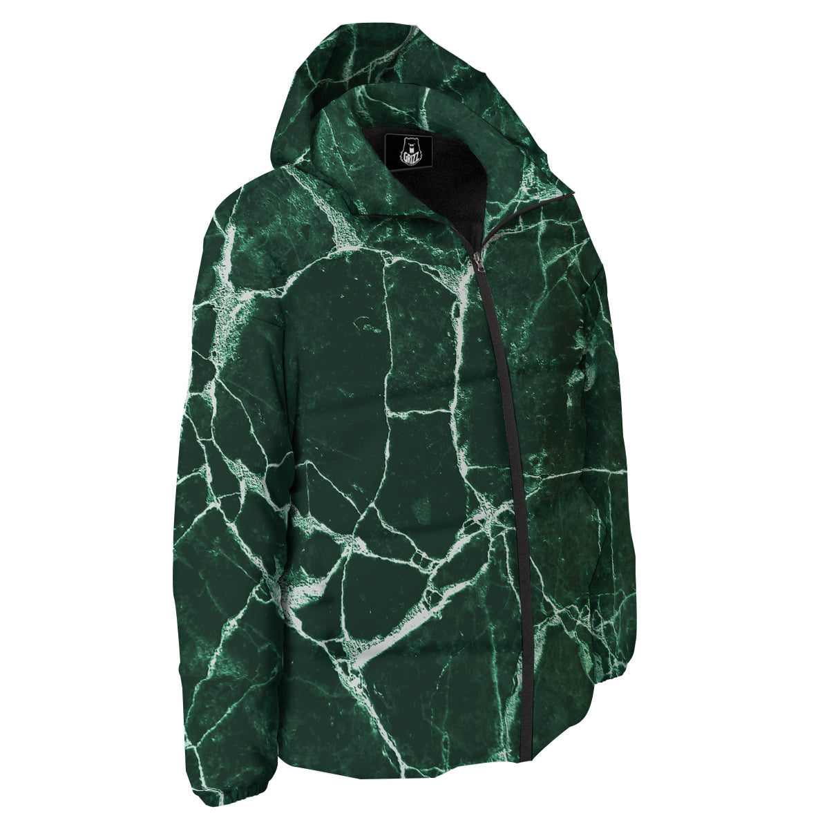 White And Dark Green Marble Texture Print Down Jacket-grizzshop