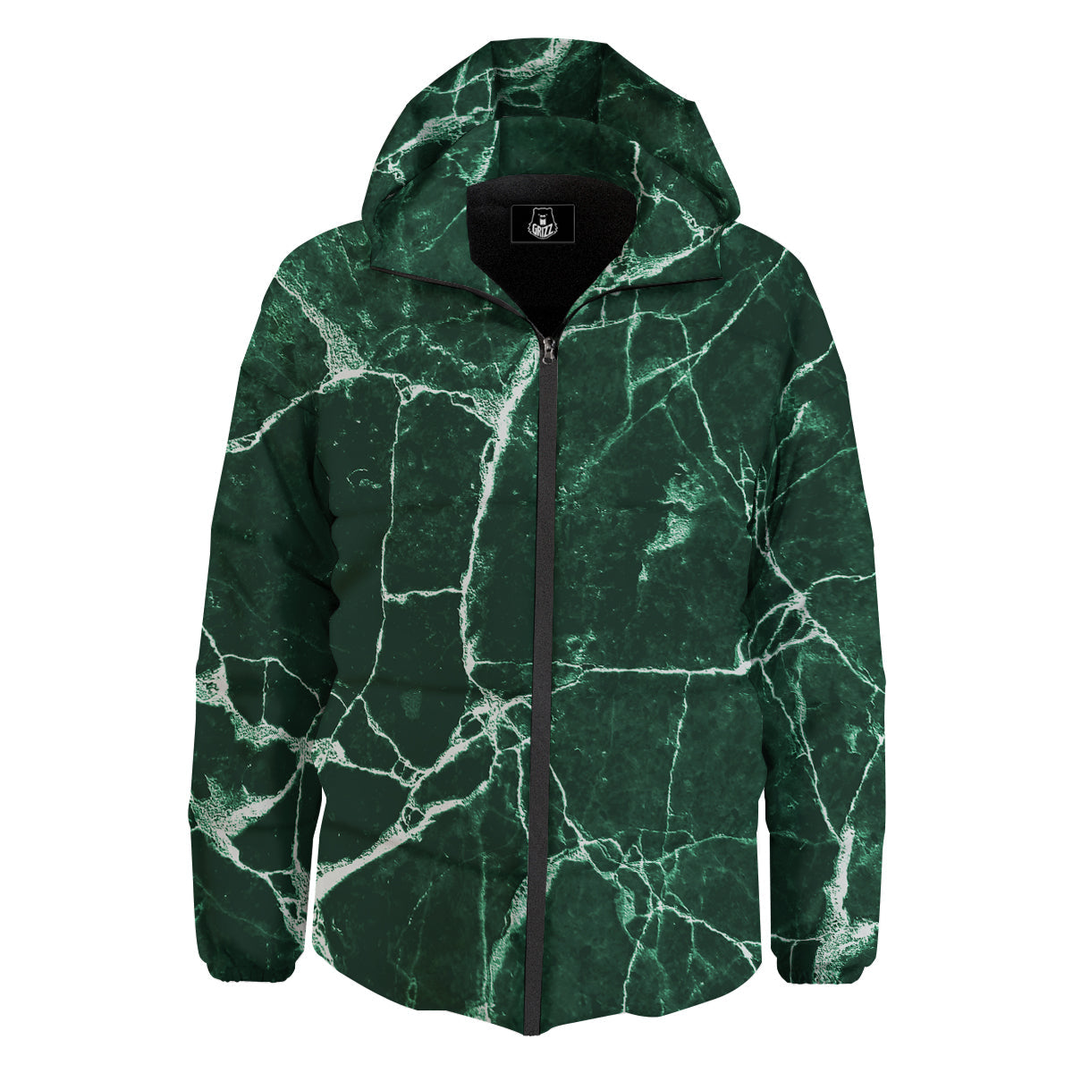 White And Dark Green Marble Texture Print Down Jacket-grizzshop
